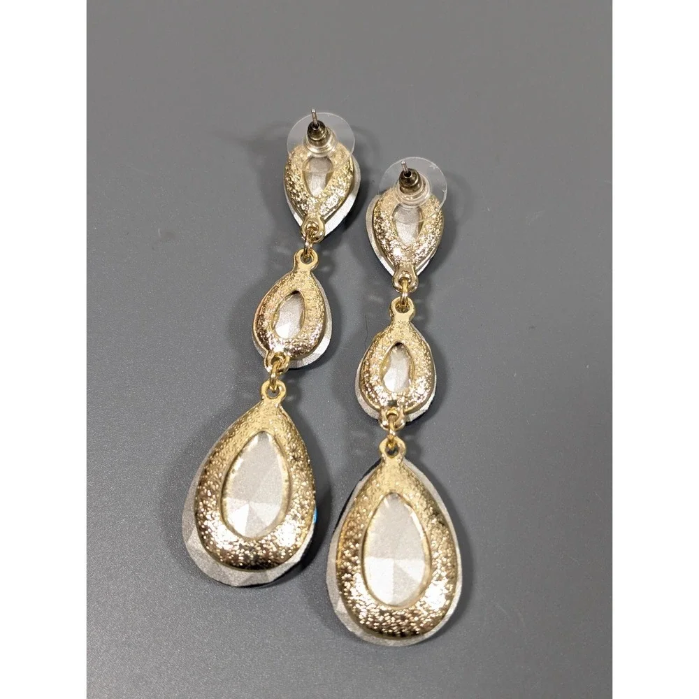 Blue Rhinestone Facet Teardrop‎ Dangle Earrings Evening Glam Chic Runway